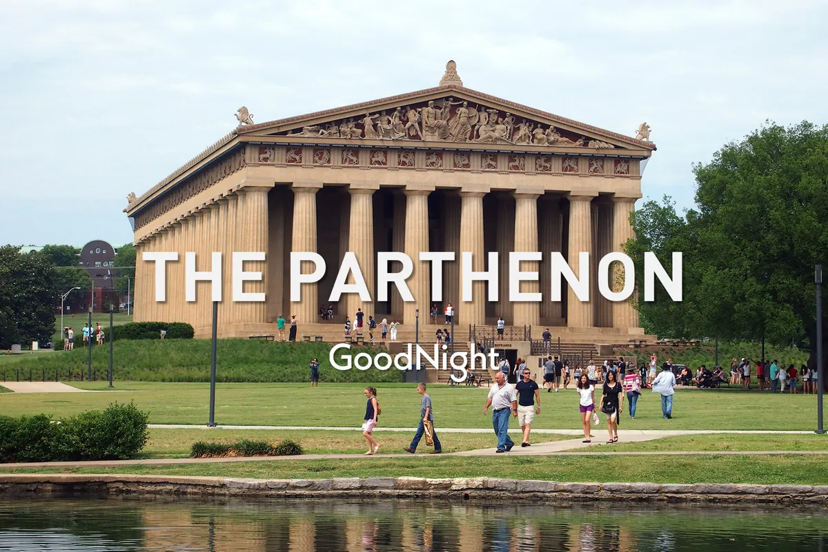 The distinctive Parthenon replica in Centennial Park stands out, surrounded by a lush green lawn and visitors strolling or taking photos. The scene is vibrant, showing families and individuals enjoying the outdoors and the cultural significance of this Nashville landmark.