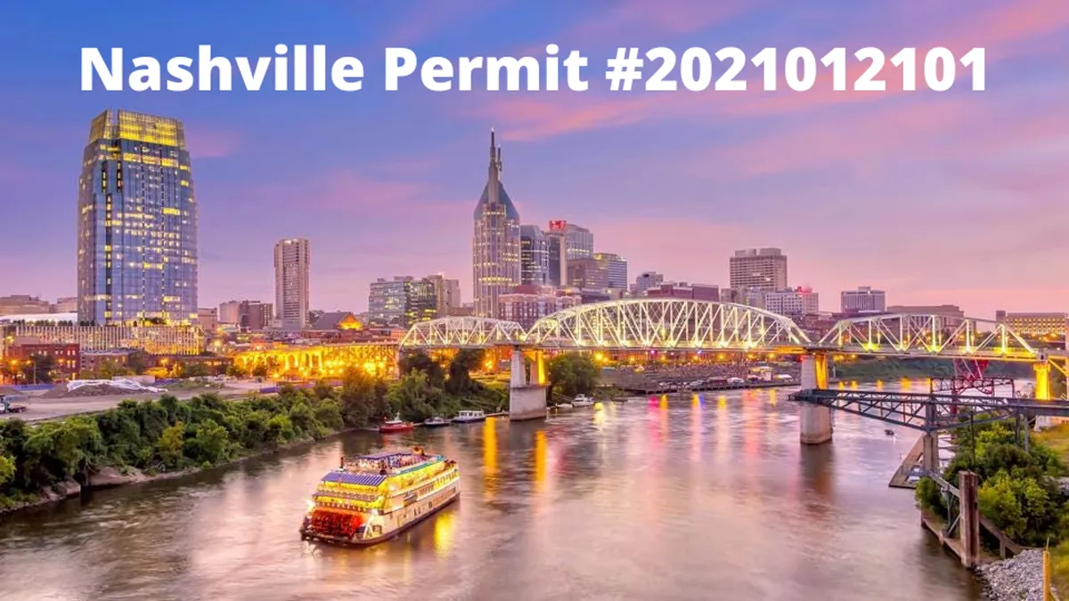 A panoramic evening view of the Nashville skyline featuring reflections on the river, sparkling city lights, bridges, and a riverboat. The festive mood is underscored by the sense of celebration and possibilities for evening adventures.