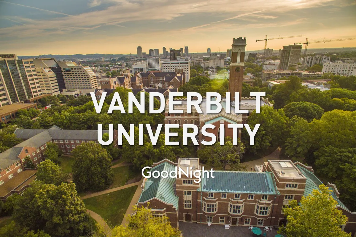 A sweeping view of Vanderbilt University’s iconic buildings, set against the Nashville skyline and featuring the recognizable clock tower. The image highlights the university's prominence while also offering a wider city context.